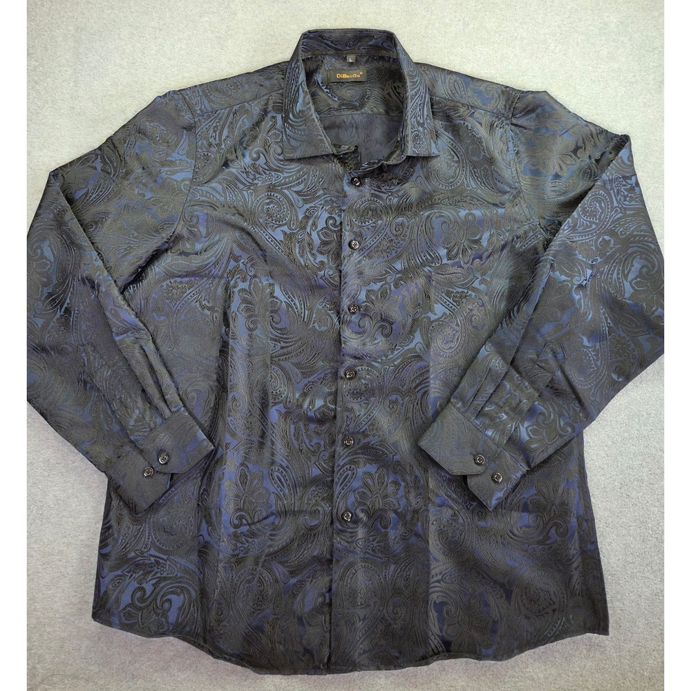 DiBanGu Mens Paisley Silk Blend Button Down Shirt L Blue Black Regencycore